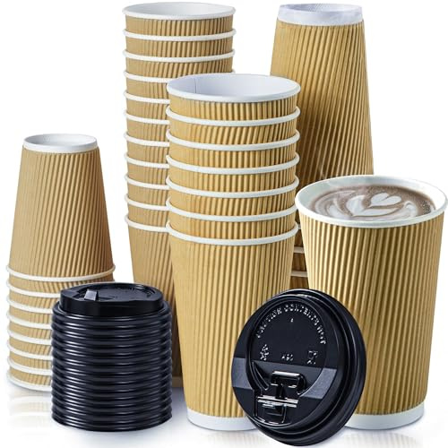 Fit Meal Prep 50 Pack 16 oz Insulated Ripple Triple Wall Paper Coffee Cups with Black Lids, Premium Disposable, Brown To Go Anti Slip for Hot Beverage, Christmas, Travel, Office