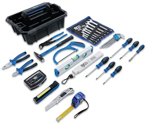 BGS 70224 | Werkzeug-Tragekasten | Kunststoff | 66-tlg. Werkzeug-Sortiment | Bits, Zangen, Schraubendreher, Maul-Ringschlüssel | Messwerkzeuge, Hammer, Lampe | 2 große Einzelfächer | stapelbar