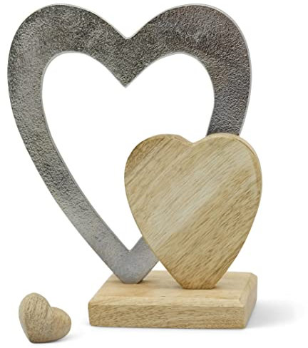 FeinKnick Liebevolles Doppelherz mit Extra Handschmeichler - Deko Herz aus Metall & Holz in Silber & Natur braun als Dekoration - Dekoherz zum Hinstellen - Herz Deko als Geschenk & Glücksbringer