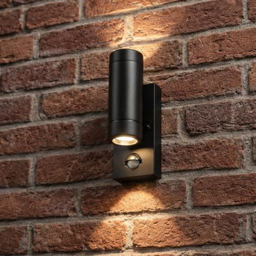 CGC Lighting Outdoor Outside Wall Light Black Up and Down Motion Sensor PIR Porch Garden (Black Double Spotlight with Motion Sensor)