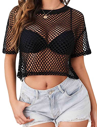 Avidlove Women's Sheer Fishnet Top Sexy Short Sleeves Net T Shirts Crop Top Black