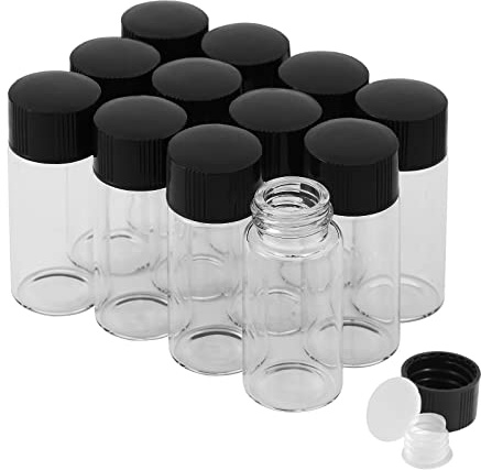 Cadbibe Lot de 12 flacons en verre transparent de 10 ml avec bouchon à vis et bouchons en plastique, petites bouteilles en verre anti-fuite pour liquide, poudre, échantillons et petits objets