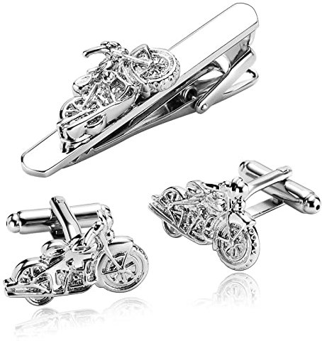 Stfery Manschettenknöpfe Krawattennadel Set, Manschettenknöpfe für Papa Silber Cufflinks and Tie Clip Set Edelstahl Motorrad Schmuck Geschenk