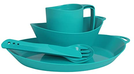 Vajilla de plástico de 4 Piezas Ellipse de Lifeventure: Cuchillo/Tenedor/Cuchara, Plato, Cuenco y Taza para acampadas, Viajes y Actividades al Aire Libre en General - Color Azul Marino