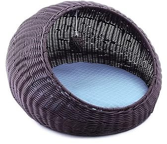 Katzenbett Hundebett Haustierbett Rattan-Haustierbett, Süßes Katzennest, Geschlossenes Katzenkissenbett, Hält Warmes Haustier-Katzenbett, Handgewebtes Katzen-Hundebett Mit Kissen, Waschbar Hundesofa H