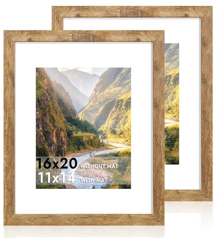 iRahmen 16x20 Picture Frame Set of 2 with Plexiglass, Display Pictures 11x14 with Mat or 16 x 20 Without Mat, Rustic Brown Wood Poster Frame for Photo Wall Gallery Mounting