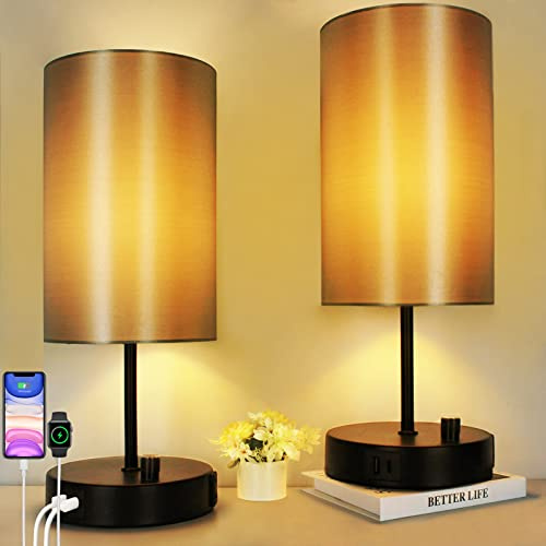 Wondlumi LED Tischlampe 2er Set, Dimmbar Nachttischlampe mit USB, Kleine E27 Tischleuchte Schwarz mit Schirm für Schlafzimmer Wohnzimmer Büro, inkl. 8W Warmweiß LED-Birne