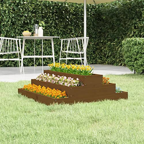 Tidyard Fioriera,da Giardino,Design a 3 Scale,in Legno Massello di Pino,Marrone Miele,80x80x27 cm,Fioriera da Balcone,Fioriera da Giardino,Fioriera da Esterno,Fioriera da Patio,Fioriera Esterno