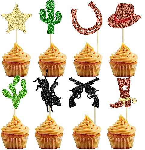 24Pcs Cowboy Cupcake Toppers Glitter HorseShoe Cowboy Hats Boots Cupcake Picks Star Gun Cactus Cupcake Picks Western Theme Baby Shower Birthday Party Cake Decorations Supplies