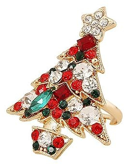 IMINI Weihnachtsbaum Ring für Damen Mädchen Bunter Zirkonia Kristall Weihnachtsring Offene Statement Ringe Verstellbares Finger Band Weihnachts Schmuck
