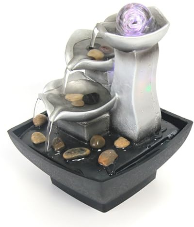 Tuzsocr Zimmerbrunnen, Wasserfall, Tischbrunnen mit rollender Kugel, 3 Ebenen für Ornament, Brunnen, Wasserspiel aus Metall mit Pumpe, entspannendes Zen, farbiges LED-Licht, für Büro, Wohnzimmer (Stil