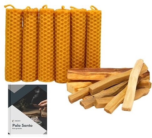 12 Palo Santo Sagrado XL Incienso Premium - 6 Velas de Miel - 100% Natural y sostenible - Regulado por el Gobierno de Perú - Corte Artesanal (12 Palo Santo + 6 Velas de Miel)