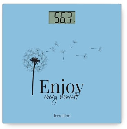 Terraillon Pèse personne ONE PASTEL - ENJOY- Compact et ultra plat 27cm x 27 cm-Plateau verre-Ecran LCD-Capacité 160Kg-Graduation 100g -Sérigraphie Bleu Clair