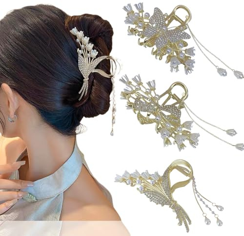 Ypkia Blumen Haarklammer Gold Metall Schmetterling Haarspangen Damen Große Haarkrallen Clips Für Frauen Mädchen Dickes Dünnes Haar-Accessoires (3 Stück)