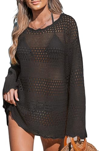 CUPSHE Baddräkt för kvinnor täcker baddräkt virkad sommar badkläder stickad pullover strandklänning, Svart, XL
