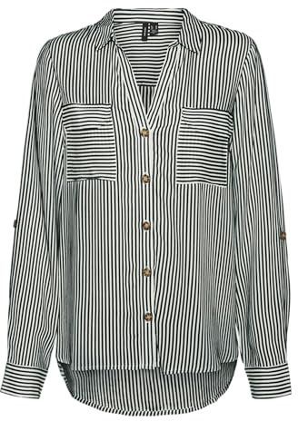 VERO MODA damblusar, skjorta, ledig med bröstfickor, normal stretch, 3/4-ärm, topp, topp, Scarab/ränder: vit, S