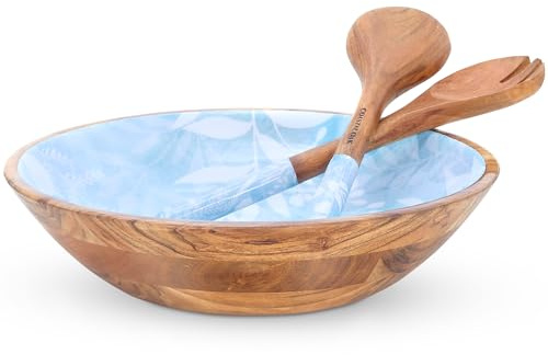 Coastal Oak Large Wooden Salad Bowl Set - Premium 13-inch Acacia Wood Salad Bowl with Servers - Decorative Wooden Bowl with Fork and Spoon - Fruit Bowl - Serving Bowls for Entertaining (Azure Garden)