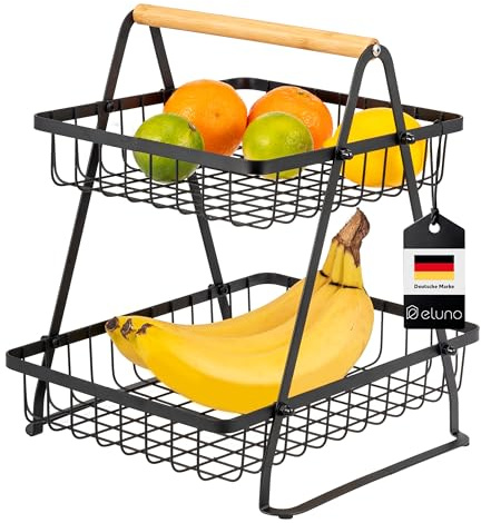 eluno 2-stöckige Obstetagere, praktische dekorative Etagere, Moderne Obstschale, Obstkorb aus schwarzem Metall und Bambus für Obst, Gemüse, Brot und Snacks ca. 30 x 32 x 27 cm
