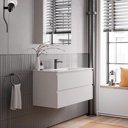 Bernstein Badmöbel-Set Ava 100cm, Waschbecken mit Unterschrank in Weiß matt, Keramik-Waschbecken in Weiß glänzend mit einem Hahnloch, Ideal für mittel große Bäder