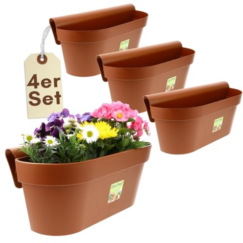 GarPet 4er Set Geländerkasten Balkon mit Wasserspeicher Blumentopf Zaun Blumenkasten Geländer Balkontopf Balkonkasten Geländerkasten Blumenkasten Balkon Terracotta 50 cm