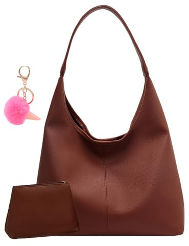 Leder-Tragetasche für Damen, große Leder-Hobo-Tasche, weiches veganes Leder, lässige Umhängetasche, Handtasche für Schule, Reisen, Arbeit, braun, M, Tragetasche
