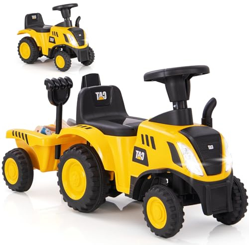 Licensed Caterpillar Ride on Tractor, 2 in 1 Ride on Push Car with Detachable Trailer, Headlight, Horn, Rake, Shovel, Foot to Floor Walker Toy Sliding Truck Gift for Kids Toddler