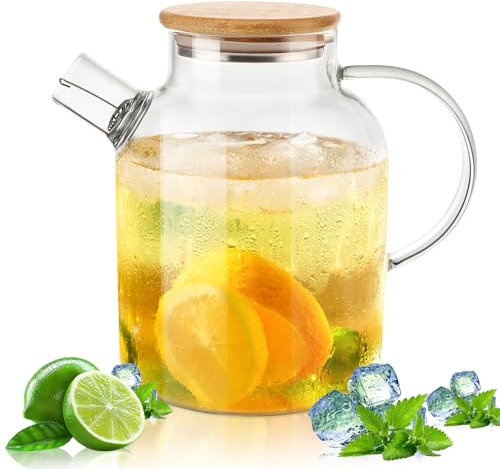 Jarra de cristal con tapa de 1,8 l, tapa de madera, jarra de cristal con tapa, jarra de cristal resistente al frío y resistente al calor, apta para té perfumado y bebidas de frutas