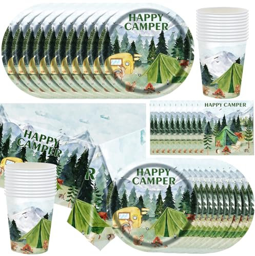 Happy Camper - Stoviglie da campeggio da 9, piatti, bicchieri, tovaglioli, tovaglioli, tovaglia, per camper, falò, foresta, picnic, avventura, accessori per feste