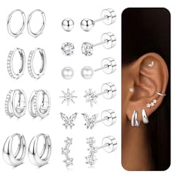 MOGASA 10Paar Ohrringe Gold Silber Medizinische Ohrstecker und Creolen Set | Hypoallergene Chirurgenstahl Ohrringe Damen Gold Knorpel Conch Tragus Helix Piercing Ohr Pircingssets Ohr Silber Ohrringe
