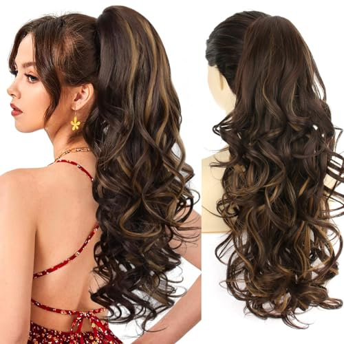 PORSMEER Extensión de cabello de cola de caballo con clip, 66 cm, voluminosa, ondulada, con mechas rubias, color: Marrón oscuro, para mujeres