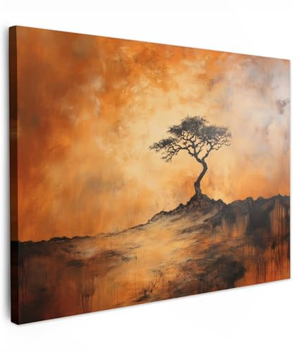 MuchoWow© Leinwand Deko Schlafzimmer Aesthetic Leinwandbilder Wohnzimmer | 70x50 cm - Gemälde Foto Geschenk Living Room Decoration Baum - Landschaft - Orange
