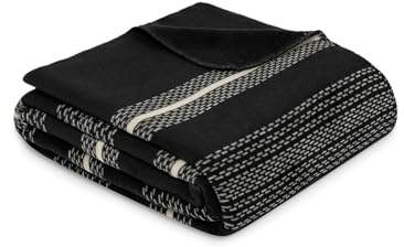 Ibena Cartagena Decke 150x200 cm - Baumwollmix, kuschelig, warm & waschbar, Kuscheldecke schwarz beige mit Streifen