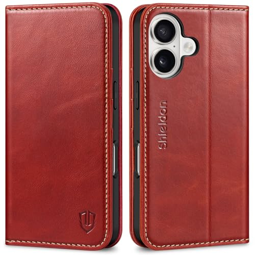 SHIELDON Echtleder Hülle für iPhone 17 6,3 5G 2025, Retro Rot | RFID Blocker, Kartenfach, Ständer, Magnetverschluss, Handy-Ösen, Stoßfeste Klapphülle, Cover Case, Handyhülle