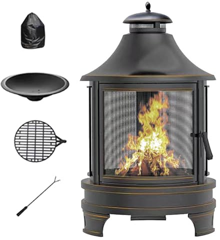 Braciere e camino 2 in 1 per esterni, con parascintille e griglia per patio, giardino, cortile, falò