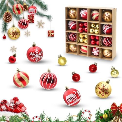 44 Pièces Boule de Boel Rouge et Dorées, Boule de Noel Sapin en Plastique Anti-Casse avec Cordon de Suspension, Decoration Sapin de Noel pour Intérieur et Extérieur