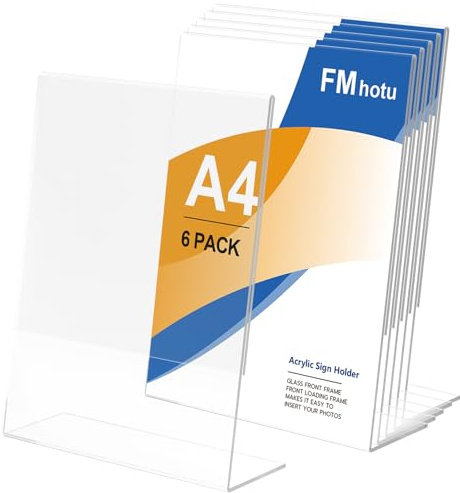 FMhotu Acryl Schilderhalter 6 Pack A4 Transparenter L Form Ständer, Tischschildhalter, Kunststoff Foto Bilderrahmen, Flyer Display für Empfang, Büro, Geschäft, Restaurant, Hotel