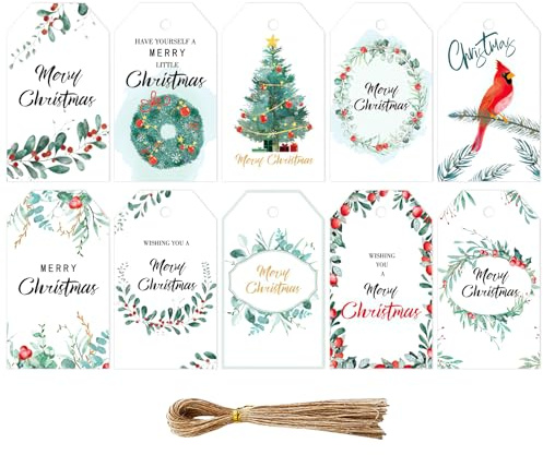 RAORAOYUE 100pcs Christmas Tags with 100 Pcs Hemp Rope, Name Tags for Christmas Presents, Watercolor Plants Seasonal Wishes Labels with Holes& Pre-Cut Strings