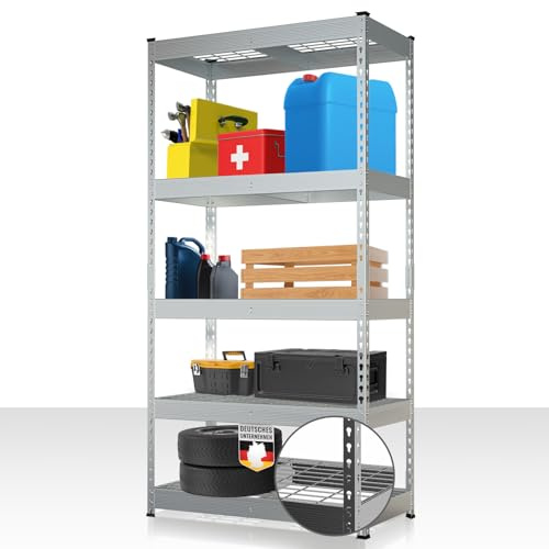 Floordirekt Schwerlastregal Yukon Rivet 180 x 90 x 45 cm, 5 Etagen Verzinkt | Stahlregal mit Gitterböden | 250–350 kg Tragkraft je Etage | Verschiedene Größen & Farben