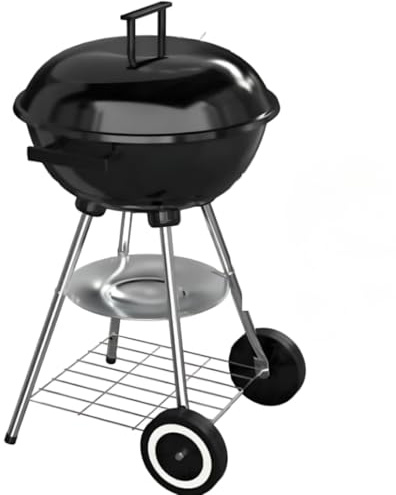 Barbecue à Charbon de Bois Rond 4 pieds (stable) avec Couvercle (fumoir) et Roulettes, Noir, Acier Inoxidable, pieds chromés (Barbecue Kettle)