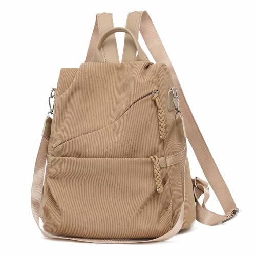 Vmokki Damen Rucksack Anti Diebstahl, Cord Rucksacktasche Umhängetasche Handtasche Cityrucksack für Freizeit Reise Arbeit Schule Mittelgroß Elegant (Khaki)