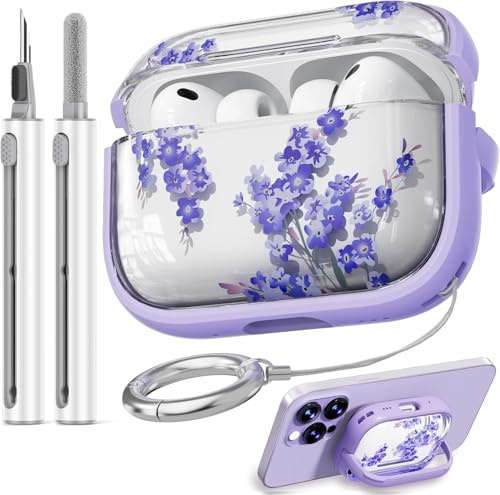 Safety Lock Inesore Floral Cute Case Compatible with AirPods Pro 3, Case for Women Girls, with Cleaning Kit and Keychain for Air Pods Pro 3 (2025) - Purple