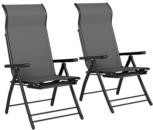 Outsunny Pack de 2 Sillas Plegables Reclinables, Sillas de Jardín Exterior con Respaldo Alto Curva Ajustable en 5 Posiciones, Reposapiés Retráctil y Marco de Metal, para Patio, Playa, Gris Oscuro