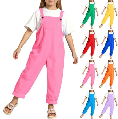 Generico Tuta Salopette Ragazza Ampia In Cotone Monocolore Con Spalline Sottili Regolabili Pantaloni Lunghi E Tasche Comoda Per Bambine Da 3-16 anni