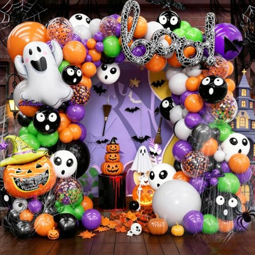 Kit de arco de globos de Halloween, 184 globos de Halloween con globos de aluminio de calabaza fantasma, globos negros, naranjas, morados, verdes, murciélagos 3D y telaraña, decoraciones de fiesta de