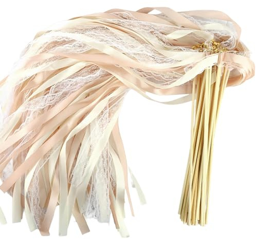 LYPPUL Baguettes De Mariage, 30 Pièces Bâtons De Ruban pour Mariage, Baguettes Ruban Banderoles avec Cloches pour Décoration De Mariag, Anniversaires, Fêtes, Célébrations Et Noël (Champagne)