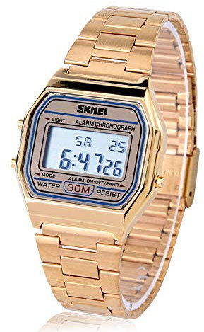 Dilwe Armbanduhr Elektronische Uhr 3Colors Digital LED Rücklicht Elektronische Uhr-Rechteck mit Edelstahl Bügel (Gold)