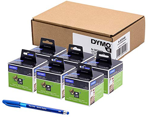 6 x Dymo S0722430 original etikettWriter stora fraktetiketter/namnmärken, 99014, 101 x 54 mm, rulle med 220 – vit + PaperMate penna present