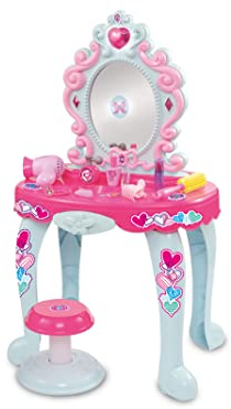 Teorema Giocattoli, Specchiera Magica Bambina con Luci Suoni e Sgabello, Postazione Trucco con Asciugacapelli Funzionante a Batteria, Tavolo Trucco Bambina con Portagioie e Accessori