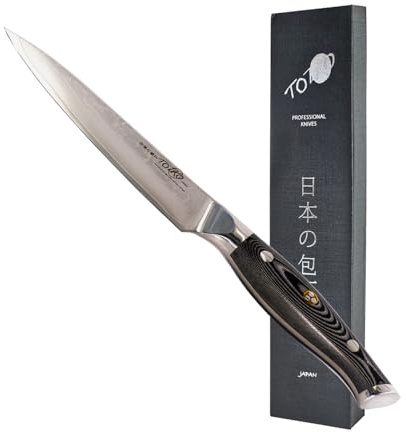 Totiko Couteau professionnel en acier Damas, couteau de cuisine professionnel japonais de steak, utilitaire de viande, lame de 12,5 cm, Yoshinaka Damassé, manche en résine G-10 Japan Knives