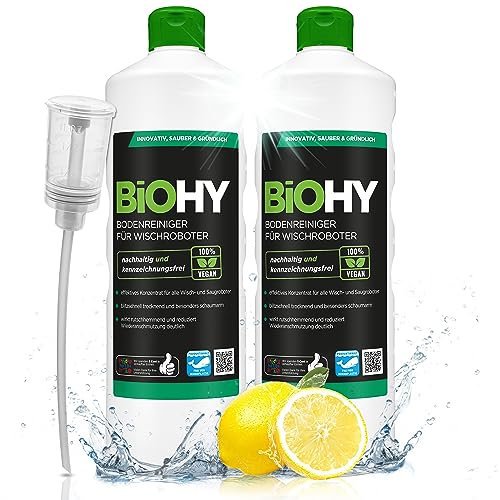 BiOHY Limpiador pisos para robots limpiadores (2 botellas de 1 litro) + Dosificador | Concentrado para todos robot aspirador con función húmeda (Wischroboter)